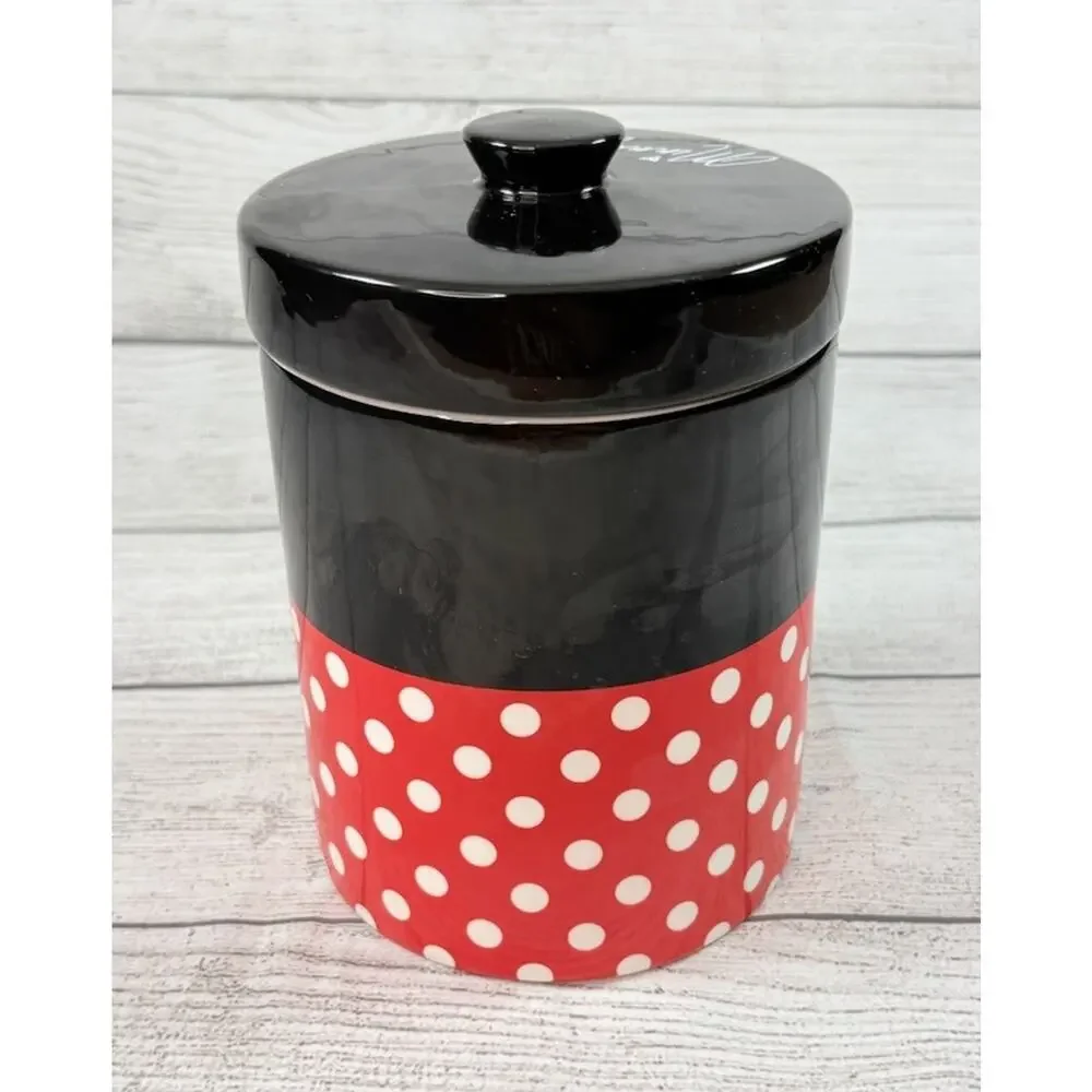 Disney Minnie Mouse Ceramic Cookie Jar Canister Red White Polka Dots Black 7”